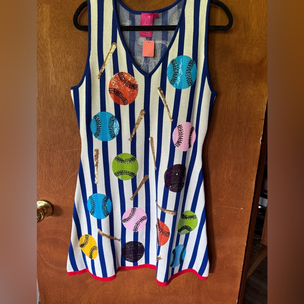 Striped Sleeveless Dress with Colorful Baseball Motif